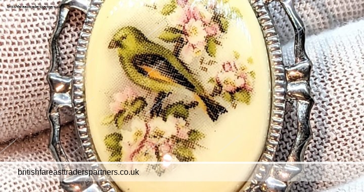 VINTAGE Bird and Apple Blossoms in Springtime Silvertone OVAL BROOCH