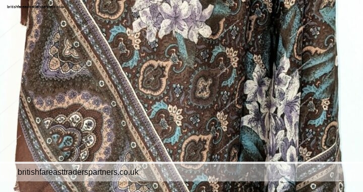 VINTAGE Brown Pheasant & Florals Intricate Design Raw Edge SQUARE Wrap SCARF