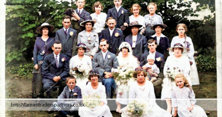VINTAGE English Wedding Group Photo COLOURISED POSTCARD PRINT