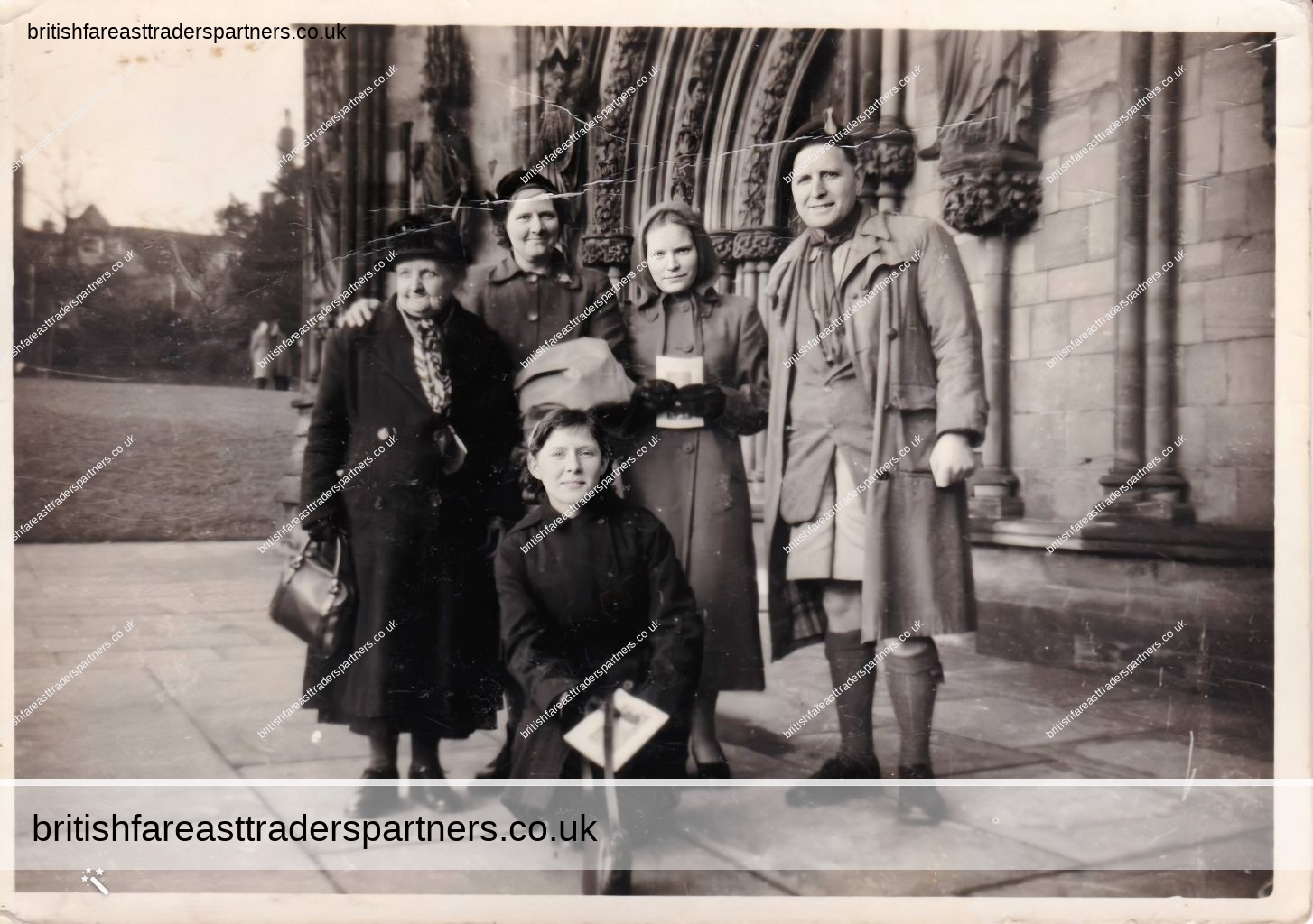 VINTAGE Women in Long Coats & Man in Traditional Scottish Kilt HERITAGE PHOTO