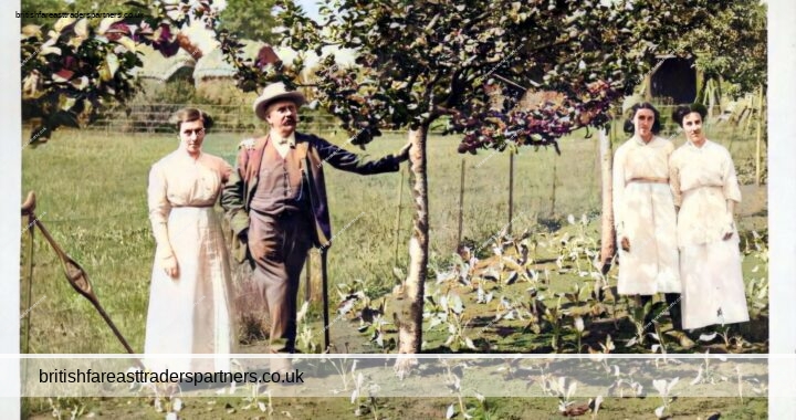 ANTIQUE 1914 Mr Knight and three daughters in a FARM England Real Photo POSTCARD (RPPC)