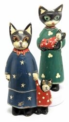VINTAGE Lot of 2 Folk Art Cat on the Shelf Wooden Figurine Mother Cat & Kitten