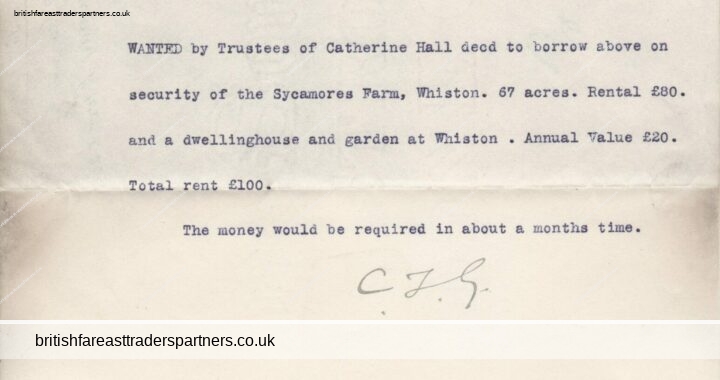 1904 Trustees of Catherine Hall Sycamores Farm Whiston STOKE-ON-TRENT Letter