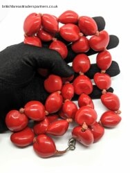 VINTAGE Cherry Red Individually knotted Lucite Beads Long Statement NECKLACE