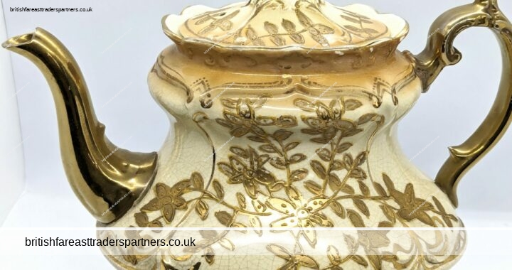 Antique Victorian Gilt and Cream Leaves Motif Large Teapot