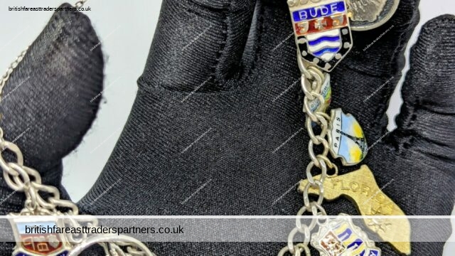 Vintage STERLING SILVER Enamel Coat of Arms and Maps Charm Bracelet